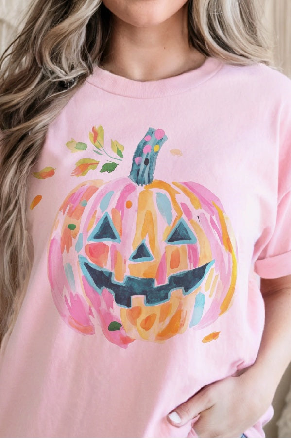 Preppy Pumpkin Watercolor Halloween Tee in Light Pink