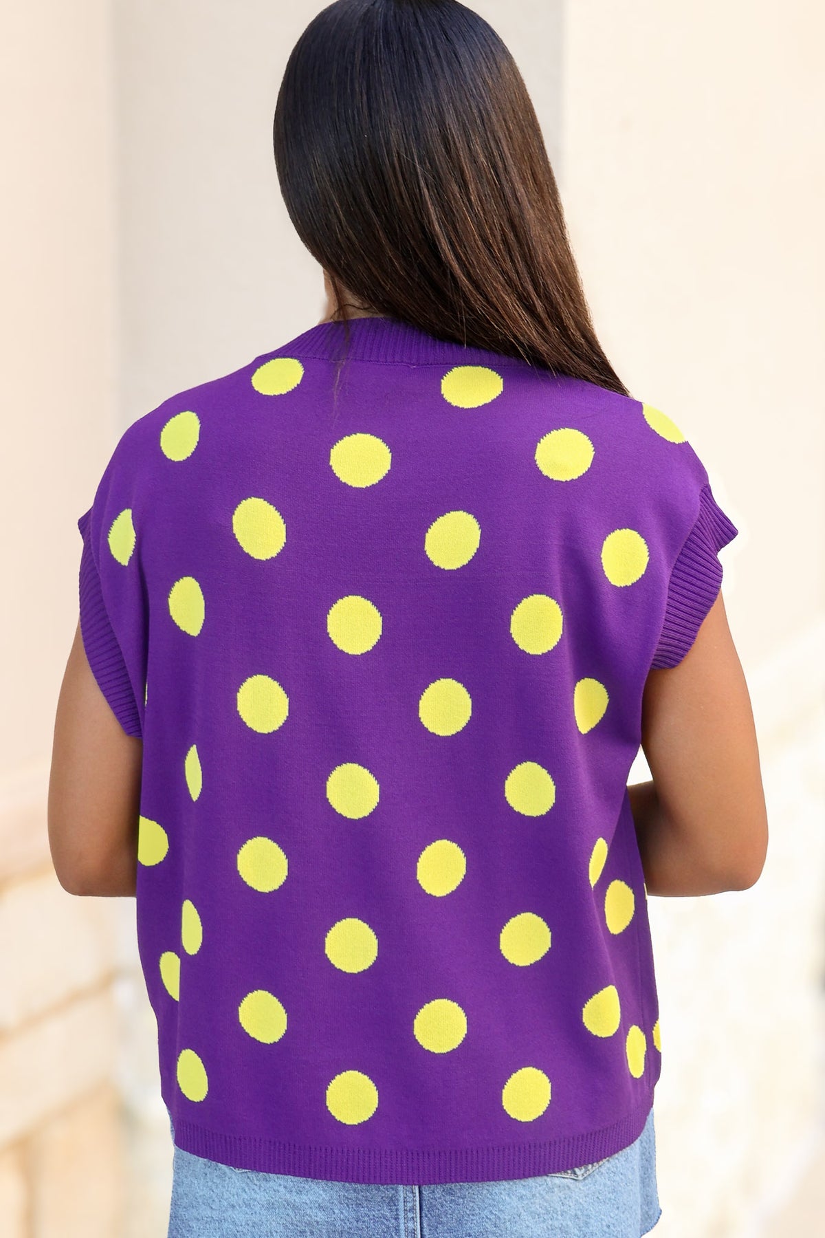 purple yellow polka dot sweater top back
