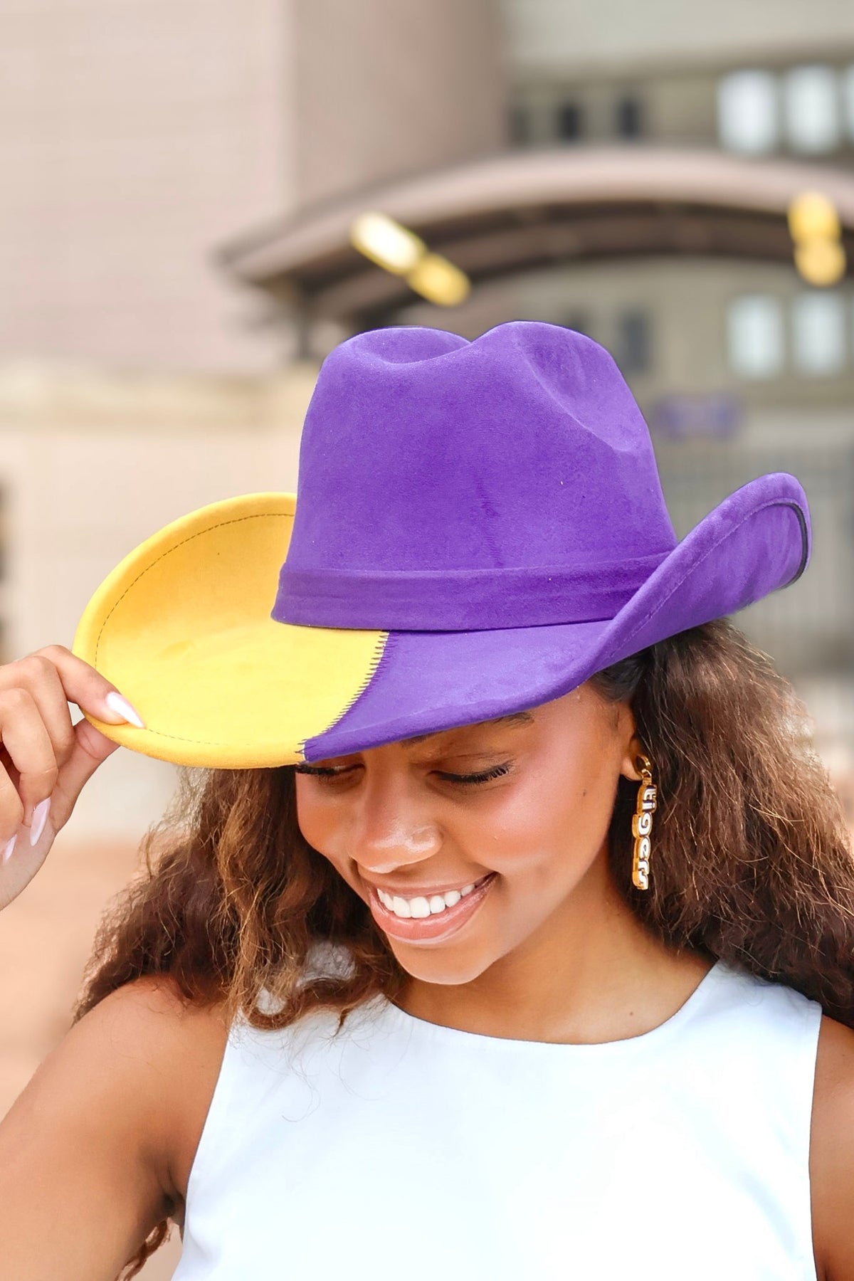Show Your Colors Two Tone Cowgirl Hat in Purple and Yellow