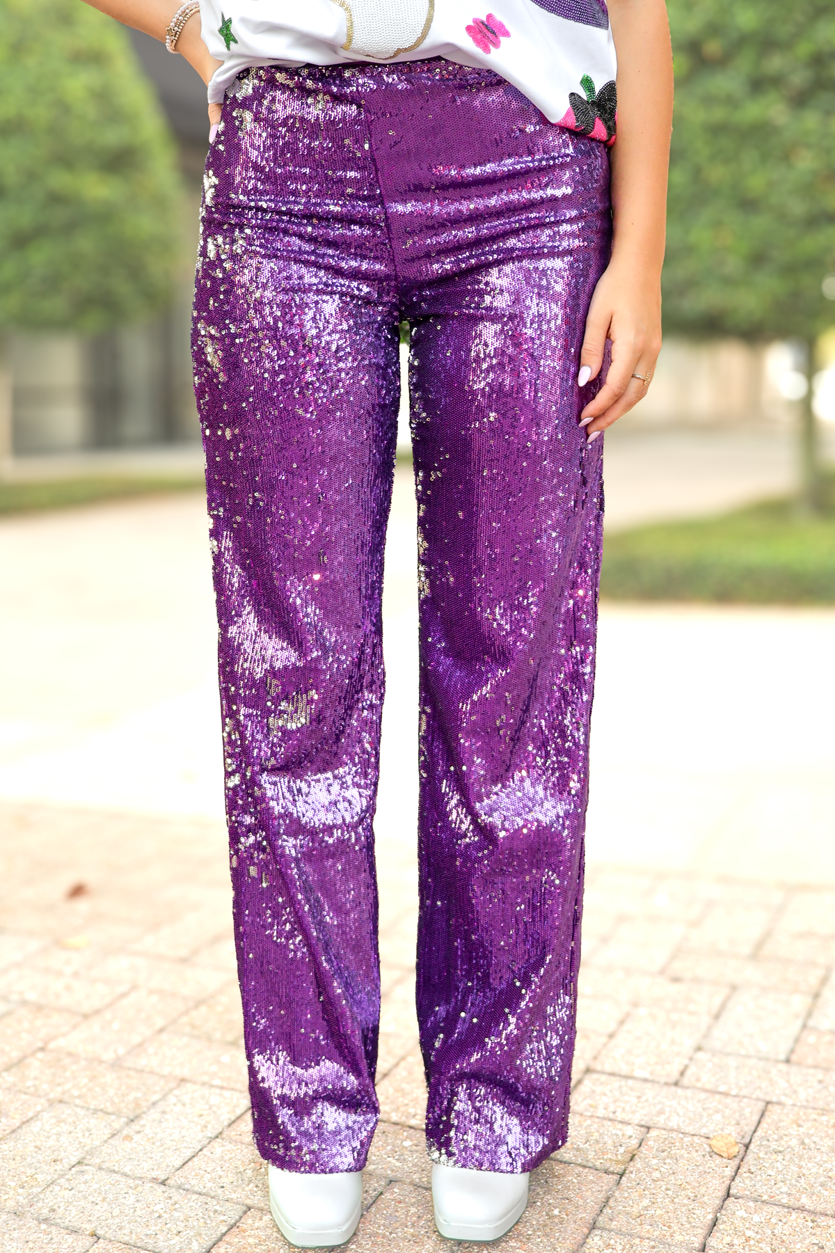Watch Me Shine Sequin Side Zip Pants in Purple