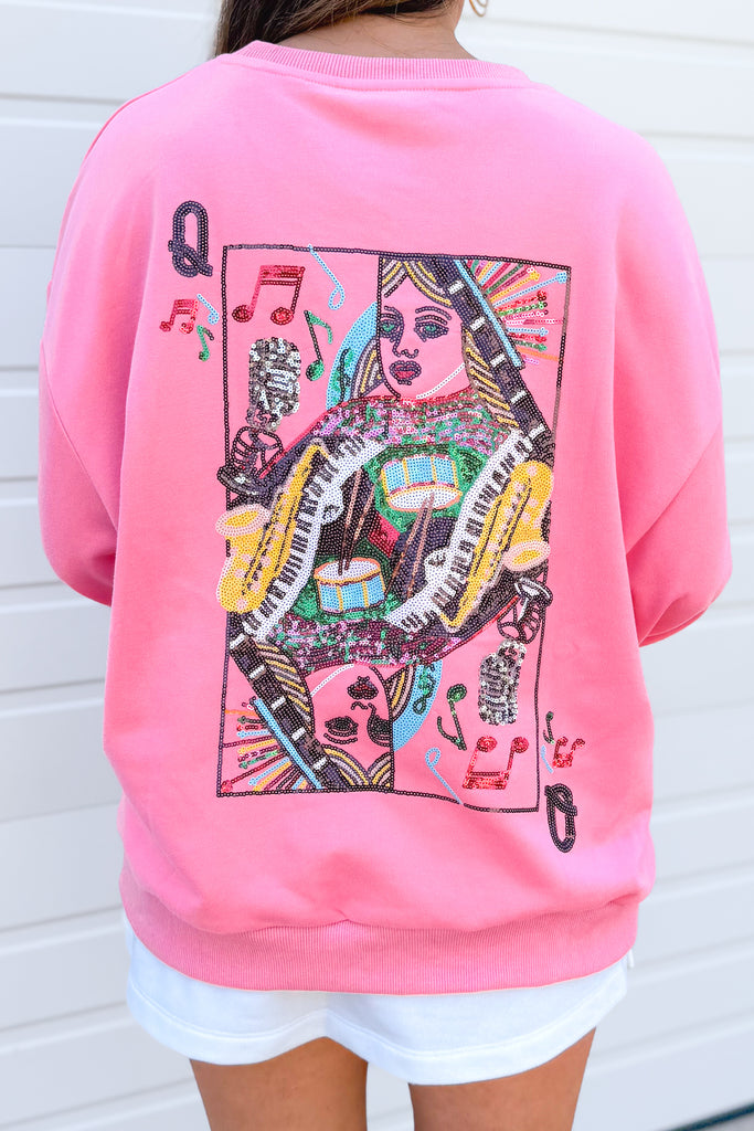 back of queen of sparkles music note sequin sweatshirt