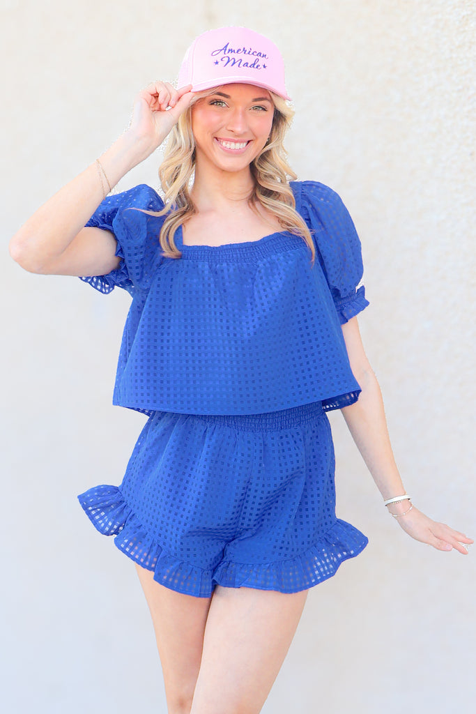 monochrome sheer blue checkered print blouse