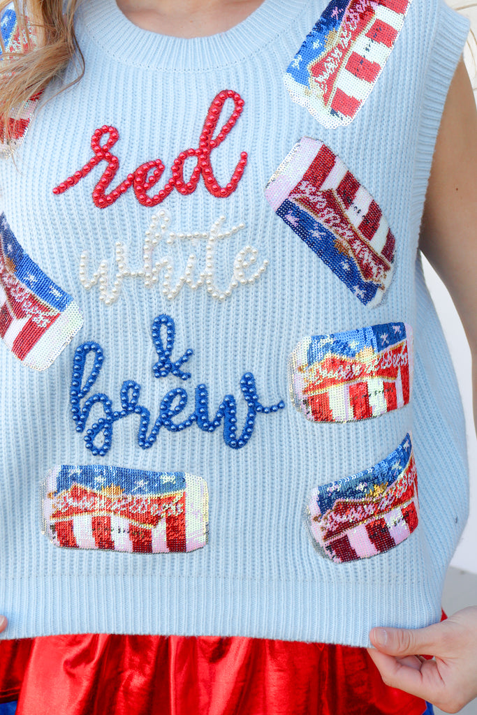 red white and brew sweater vest in light blue