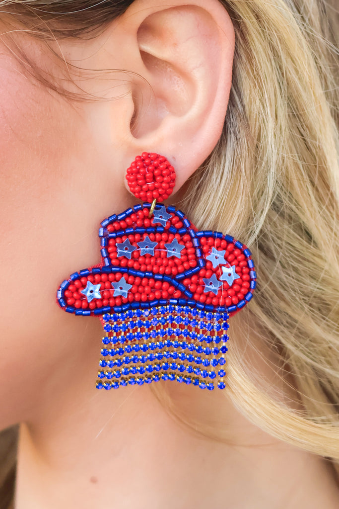 red and royal beaded cowboy hat with rhinestone fringe