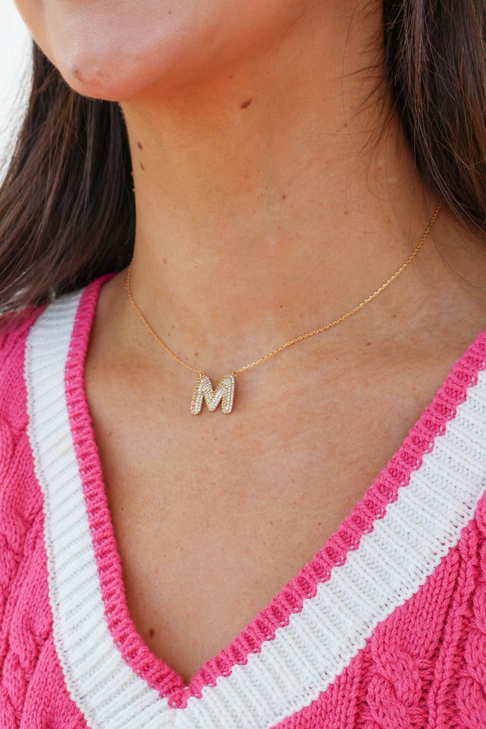 pave rhinestone initial necklace in gold