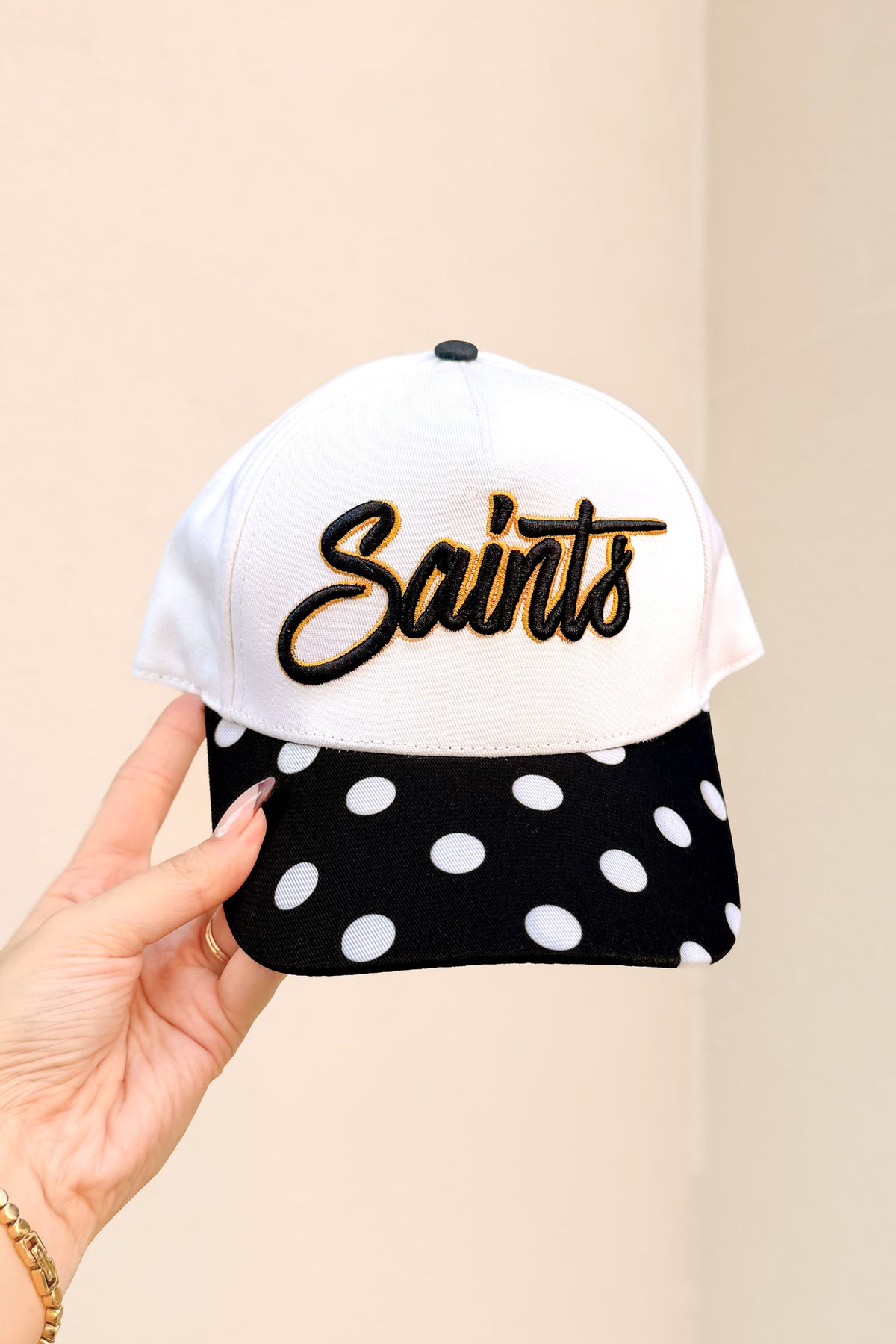 Saints Embroidered Polka Dot Baseball Cap in White with black polka dot brim