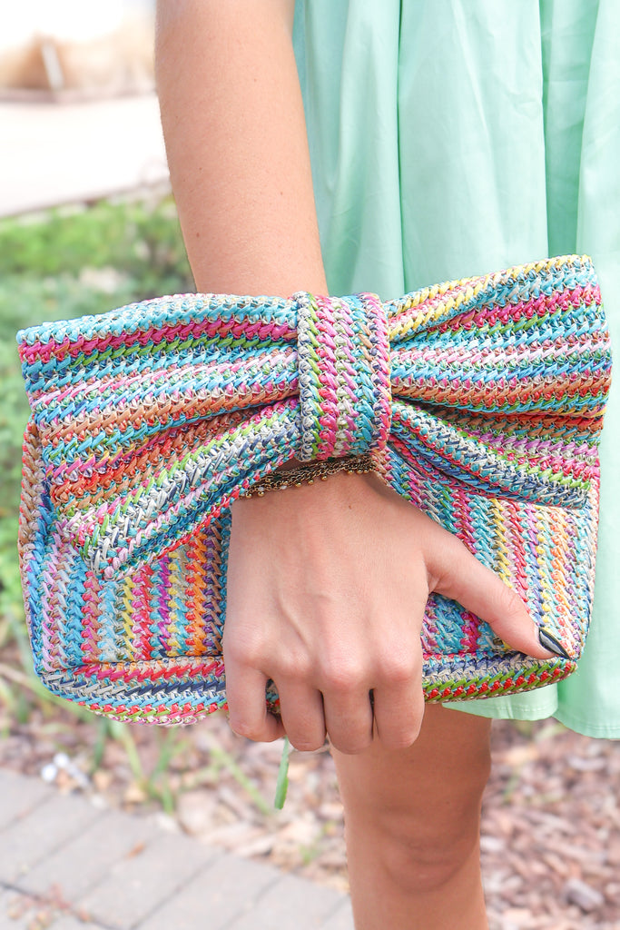 rainbow bow handle straw clutch