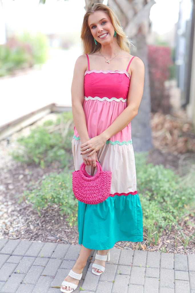 pink and blue colorblock dress