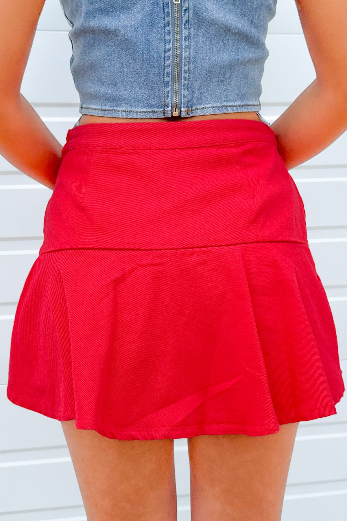 Slowing Down Ruffle Wrap Skort in Red-DENIM SKIRT