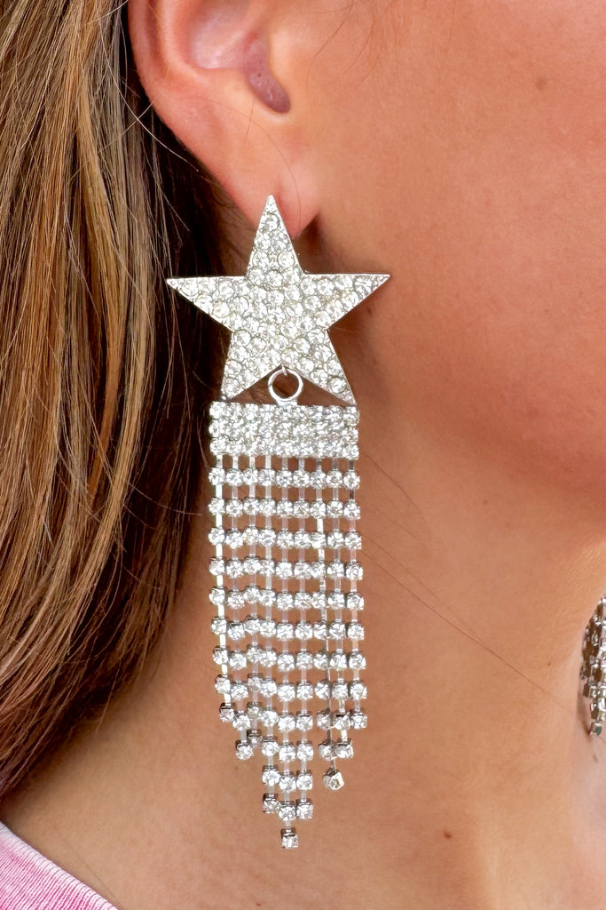 rhinestone star tassel earrings in silver