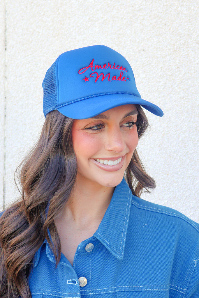 american made trucker hat in cobalt blue