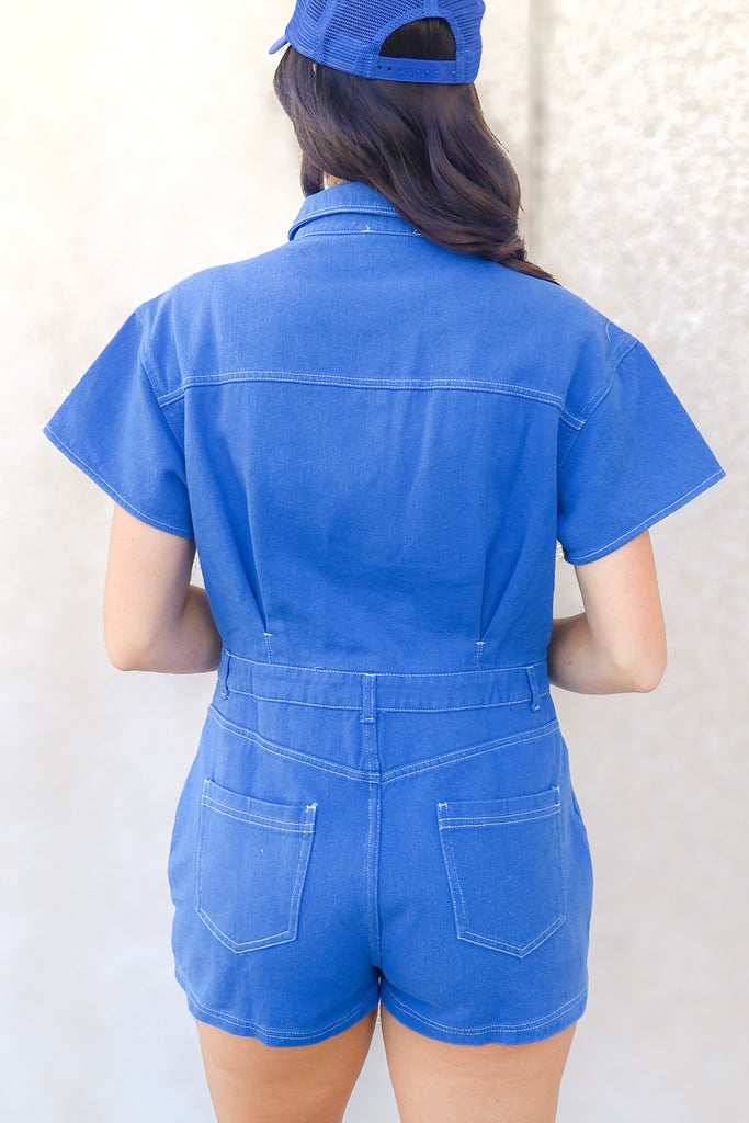 back of denim romper in royal