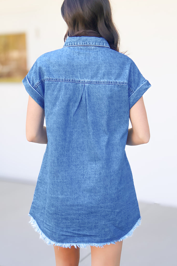 back of denim button down dress in medium denim
