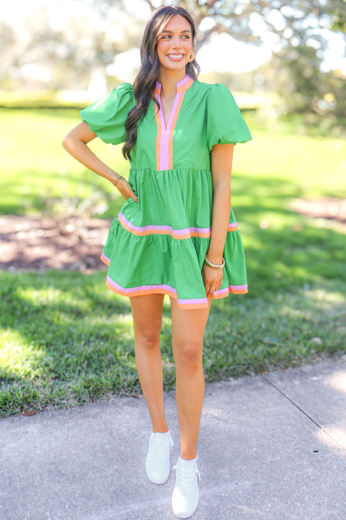 green tiered puff sleeve dress