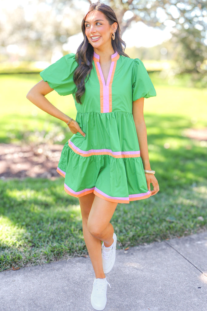 green tiered puff sleeve dress