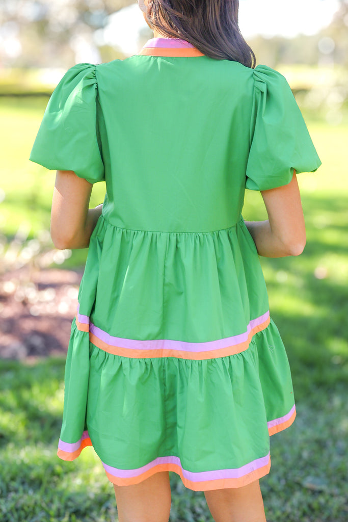 back of green tiered puff sleeve dress