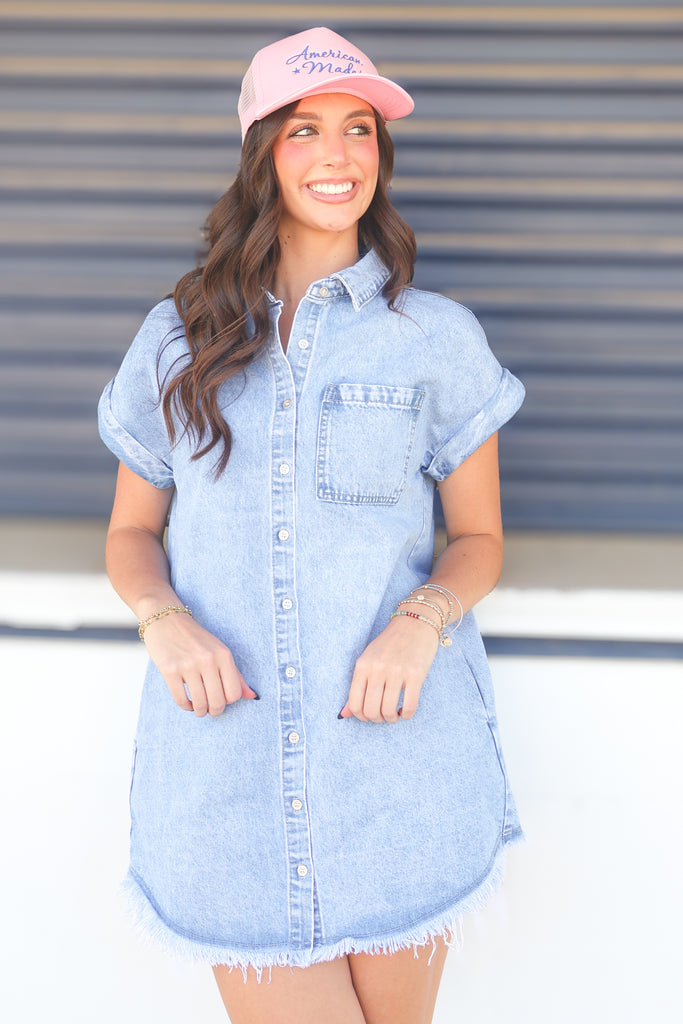 denim button down dress in light denim