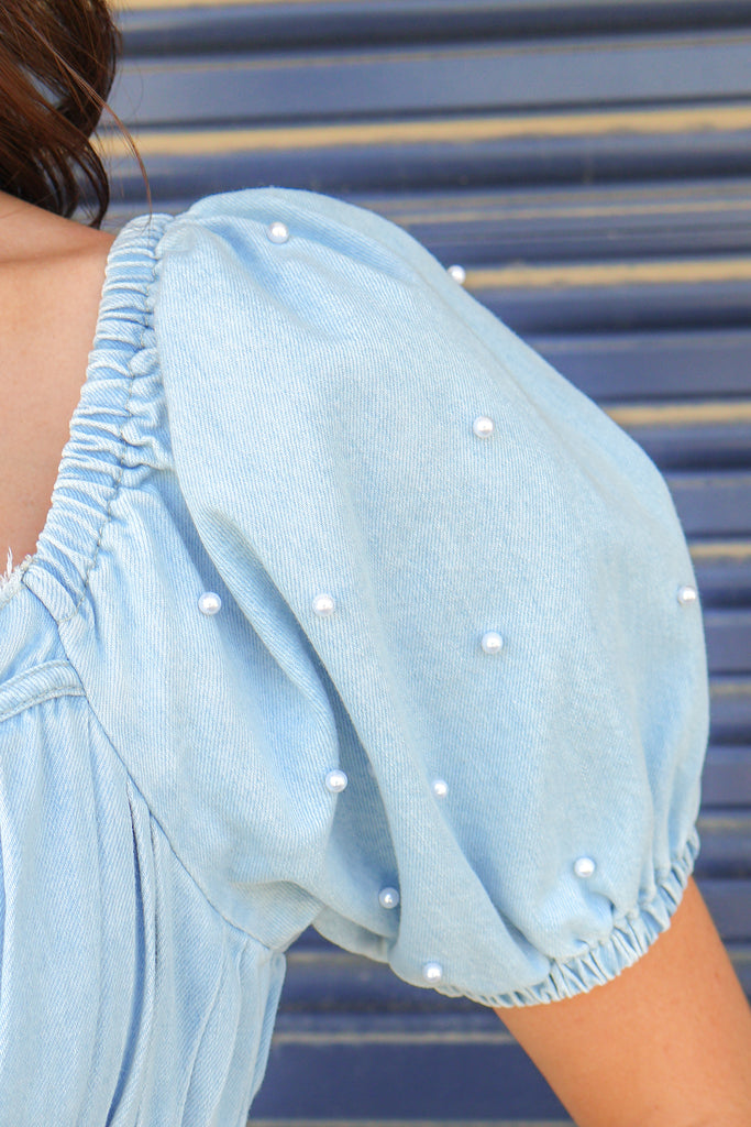 pearl puff sleeve on denim romper