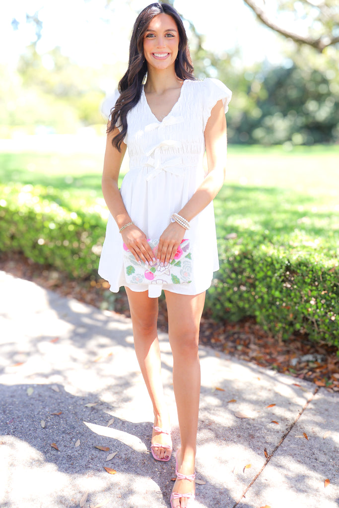 bow front smocked puff sleeve dress in white