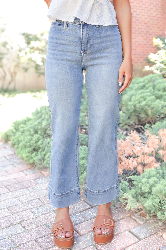 cropped wide leg light denim jeans