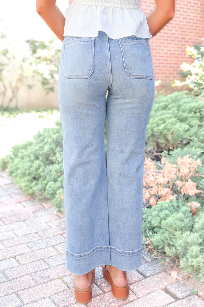 back of cropped wide leg jeans