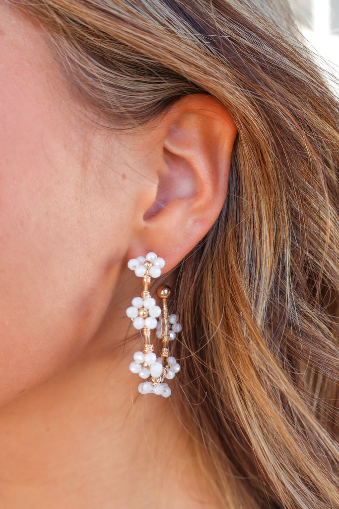 white and gold beaded lower lined hoops