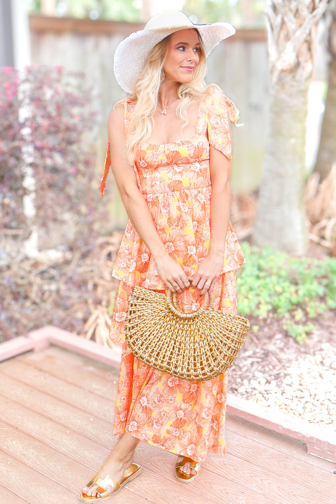 orange tiered floral dress