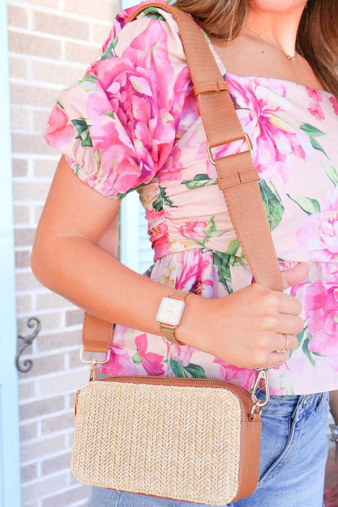 straw and brown pleather crossbody bag