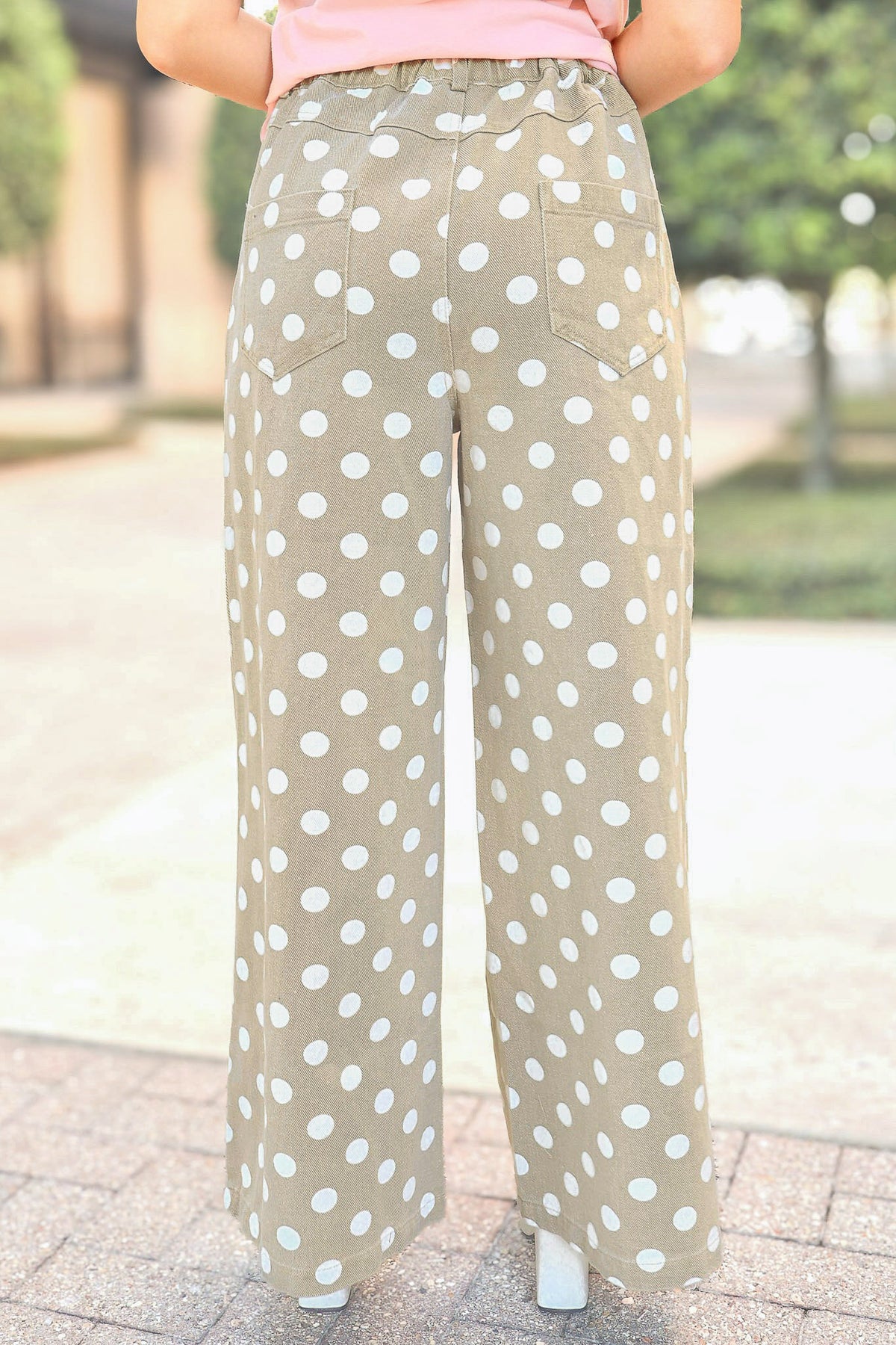 Centered Around You Polka Dot Wide Leg Jeans in Taupe - back view