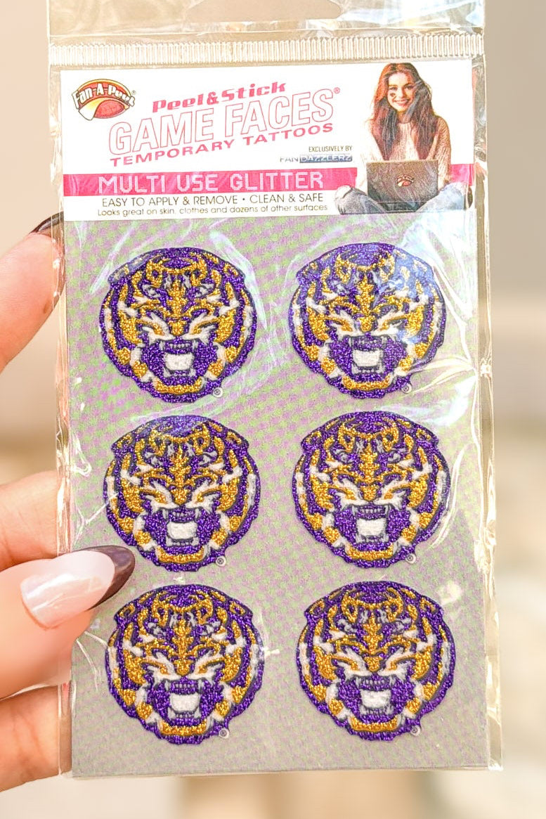 Gamefaces Tiger Glitter Tattoos package held in hand