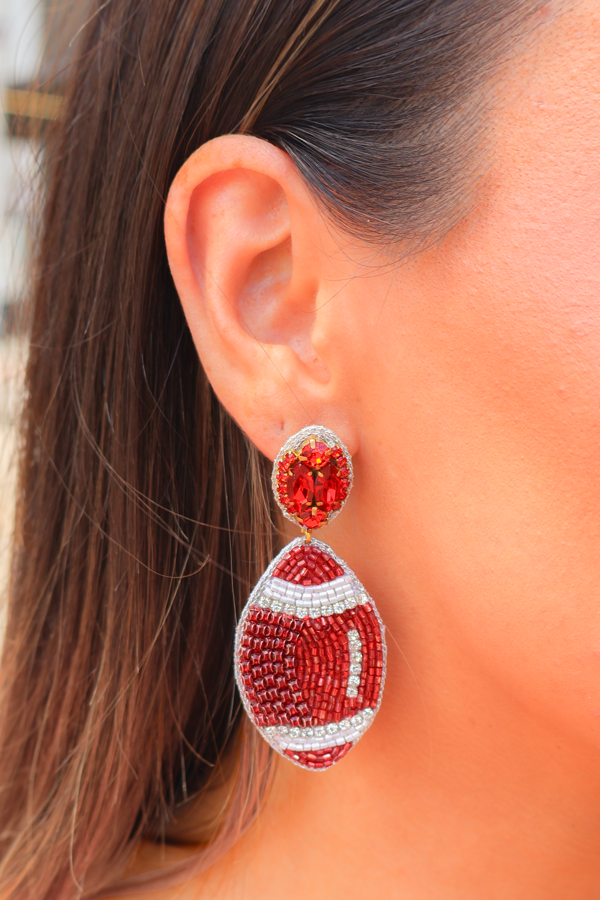 Beaded Football Earrings by Taylor Shaye in Red/Ivory-ACC EARRING