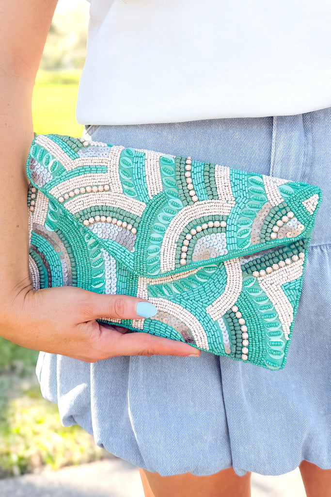 teal abstract beaded clutch