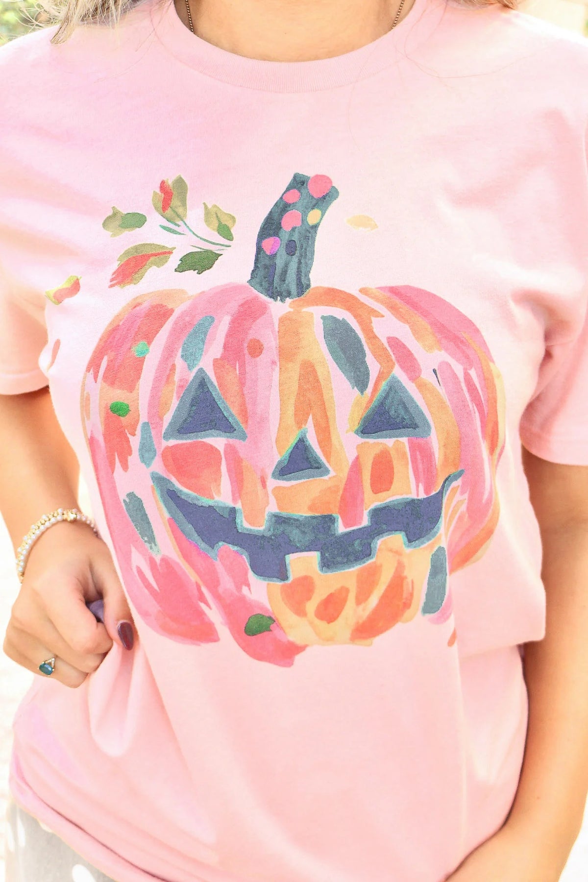 Preppy Pumpkin Watercolor Halloween Tee - close-up