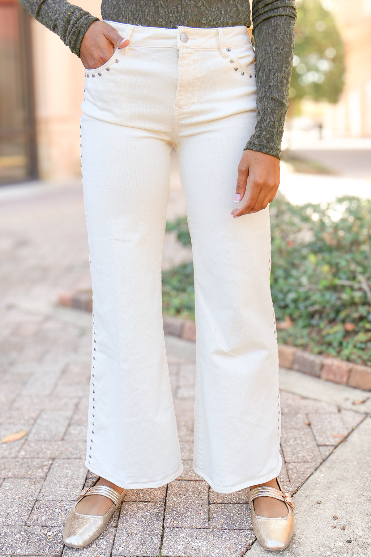 Never Let You Down Studded Wide Leg Jeans in Wheat