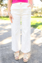 braided band straight leg jeans in white