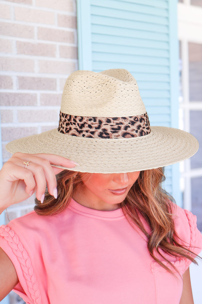leopard print ribbon banded straw hat