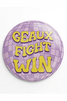Geaux Fight Win Disco Button in purple and yellow