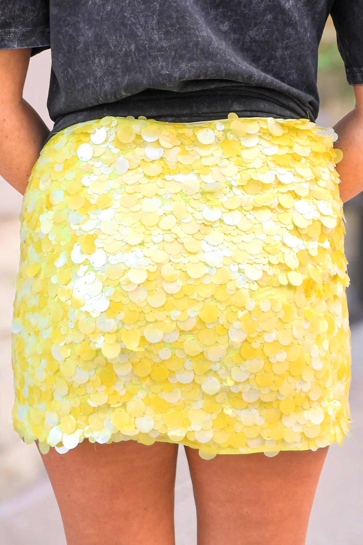 Yellow sequin side zip mini skirt, back view