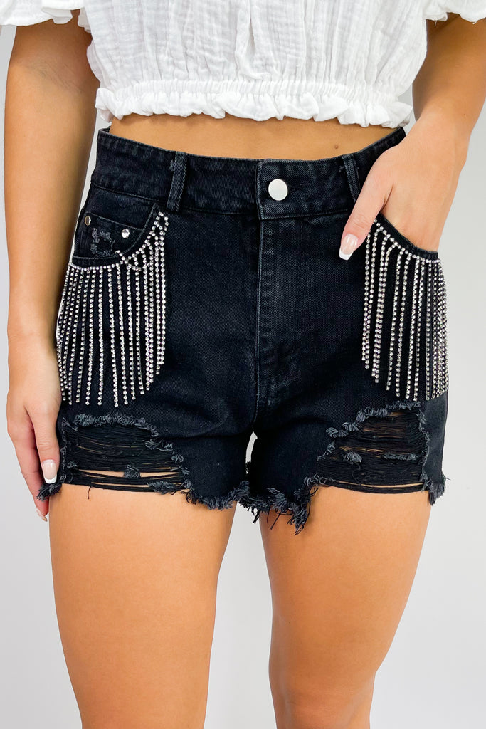 Black Denim Rhinestone Trim Distressed Shorts