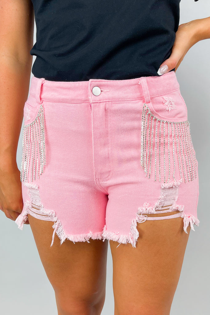 Light Pink Denim Rhinestone Trim Distressed Shorts