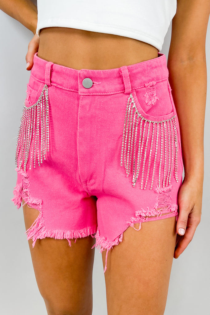 Hot Pink Denim Rhinestone Trim Distressed Shorts