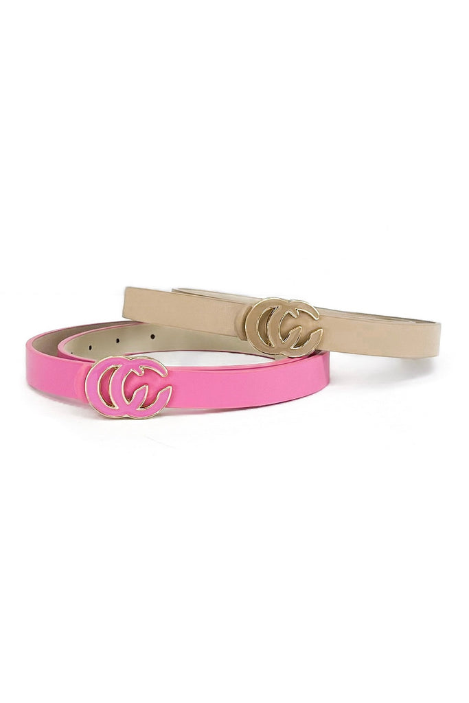 Pink Designer Glossy Buckle Skinny Belt